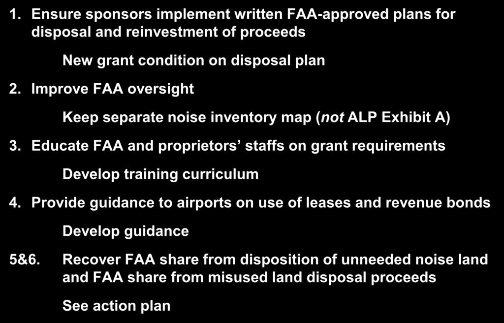OIG Recommendations and FAA Responses 5 1. Ensure sponsors implement written FAA-approved plans for disposal and reinvestment of proceeds New grant condition on disposal plan 2.