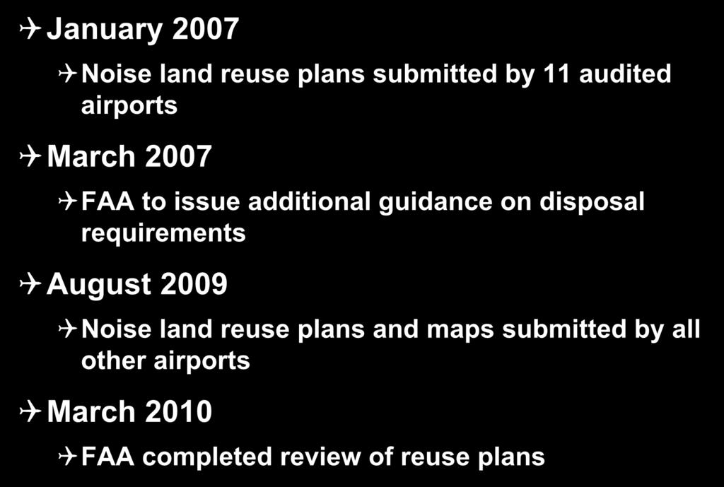 FAA Implementation Schedule and Action Plan 6 January 2007 Noise land reuse plans submitted by 11 audited airports March 2007 FAA to issue additional