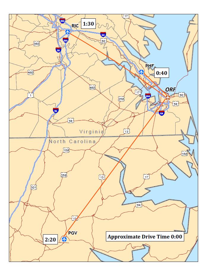 3.1.3 Nearby Airports As shown in Figure 3-2, ORF is located within 20 to 95 nautical miles (nm) and a 40-minute to a 2 ½-hour drive-time of the following major airports: Newport News/Williamsburg