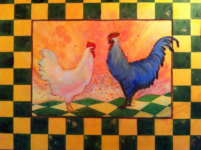 DIFFERENT IDEAS Ruth Hassall Chook rug painted on canvas Rug made by Rachel Colombo of the