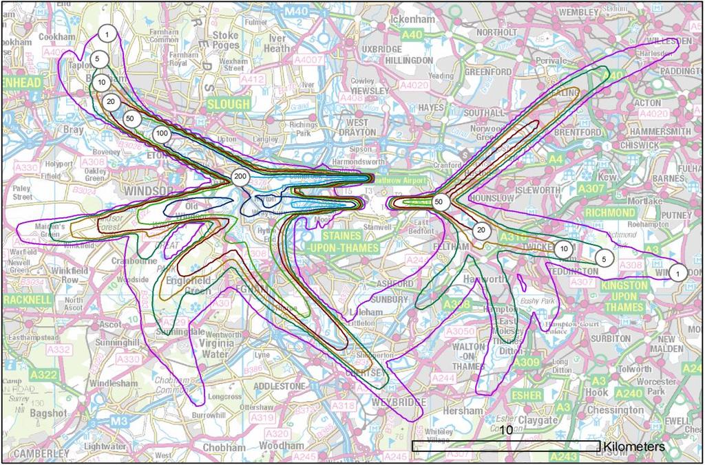 Figure 14: Overflight contours for a typical summer day at Heathrow