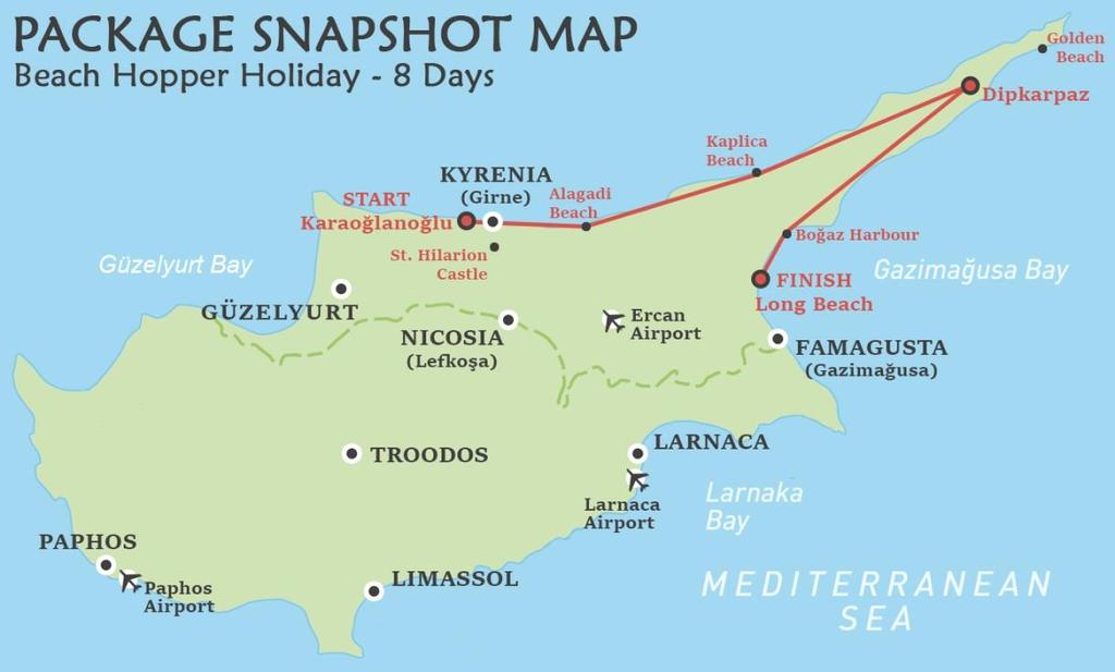 Itinerary at a glance Day 1 Arrive in North Cyprus, settle in the hotel Day 2 - Beach day Visit the beaches of Kervansaray, Escape or Denizkizi Day 3 Visit St Hilarion Castle and Kyrenia in the