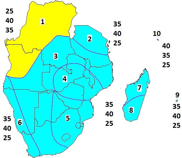 NOVEMBER-DECEMBER 2014-JANUARY 2015 Fig 2: Rainfall forecast for November-December 2014-January 2015 Zone 1: Bulk of DRC and northern half Angola. Zone 2: North-eastern half Tanzania.