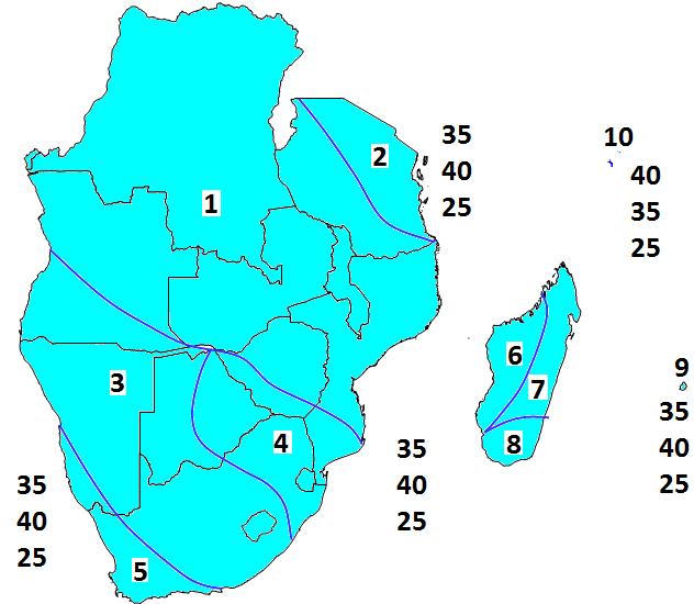 Zone 8: Southern half Madagascar. Zone 9: Mauritius. Zone 10: Seychelles.