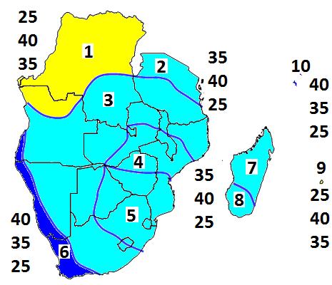 Zone 5: South-western fringe of Namibia and south-western South Africa. Zone 6: Western Madagascar. Zone 7: Eastern Madagascar.