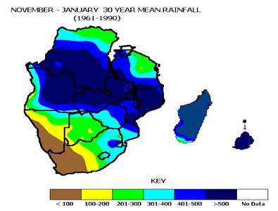 The November- December-January long-term mean total rainfall shows maxima of above 500 millimetres over much of Malawi, Zambia, Angola, southern half of DRC, central and northern Mozambique as well