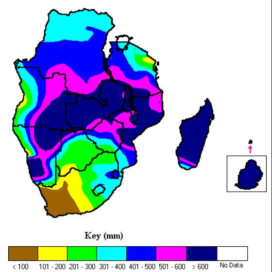 c) Figure 5: Thirty-year mean rainfall over SADC countries (c) December-January-February and (d) January-February-March d) The long-term mean for December-January-February rainfall shows maxima of