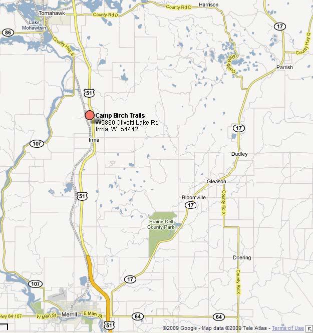 Camp Birch Trails Directions and Map W5860 Olivotti Lake Rd. Irma, WI 54442 From the North: Follow Highway 51 (south) to County Road J past Irma. Turn right (west) onto County Road J. In 1.