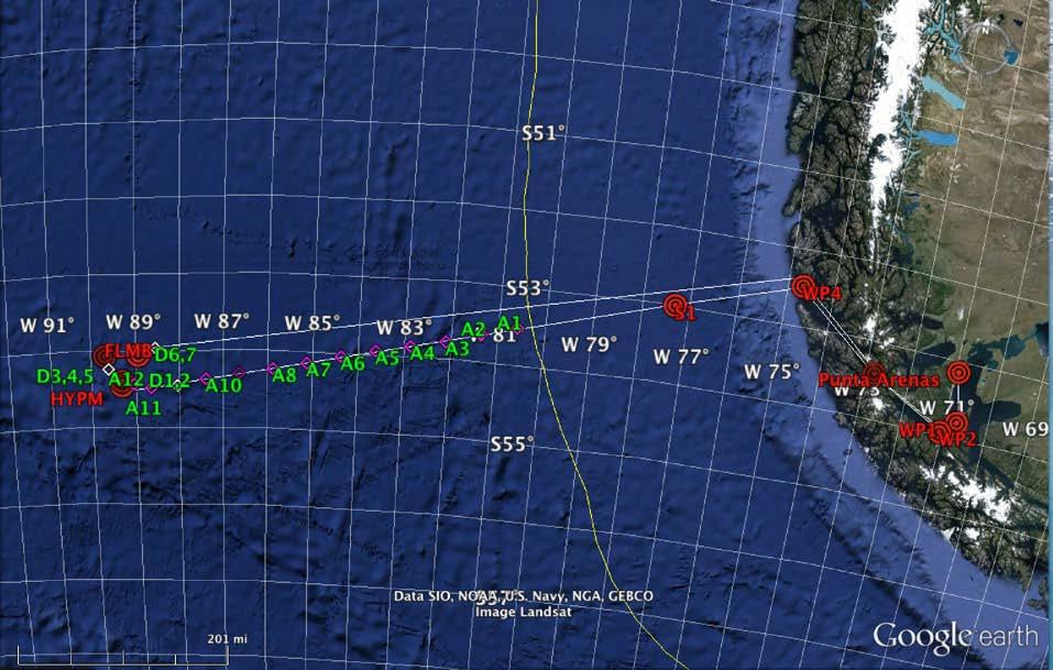 8 map in Figure 4. Argo floats are spaced along the outbound track in international waters. Drifters are deployed in 3 groups. Two near 88 W while outbound.