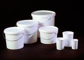 Buckets with Snap On Caps PP, opaque white, with tamper-evident straight and skirted cap Recyclable single-use buckets for transport and deliveries; improves working conditions by eliminating washing