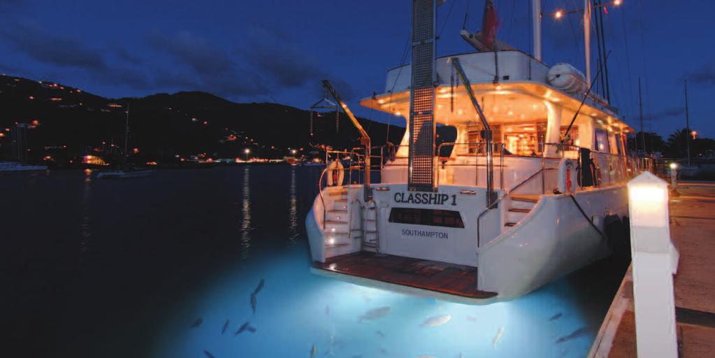 The yacht sports brilliant underwater lights that attract
