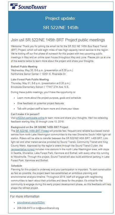 Appendix A: Email updates The following email shows text from the Sound Transit subscription list email sent on May 18 to