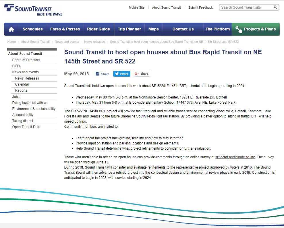 Appendix B: Press releases & earned media Sound Transit issued one press release on May 29 announcing the public events and online open house.