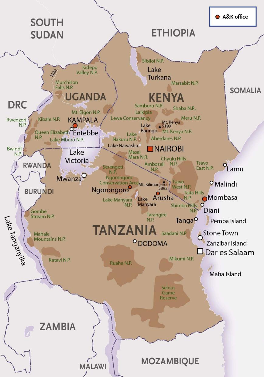 Map and Fact Sheet Capital: Nairobi (Kenya) Kampala (Uganda) Dodoma (Tanzania) Time Zone: +3 GTM Languages: English & Swahili (Kenya & Tanzania) English & Luganda in