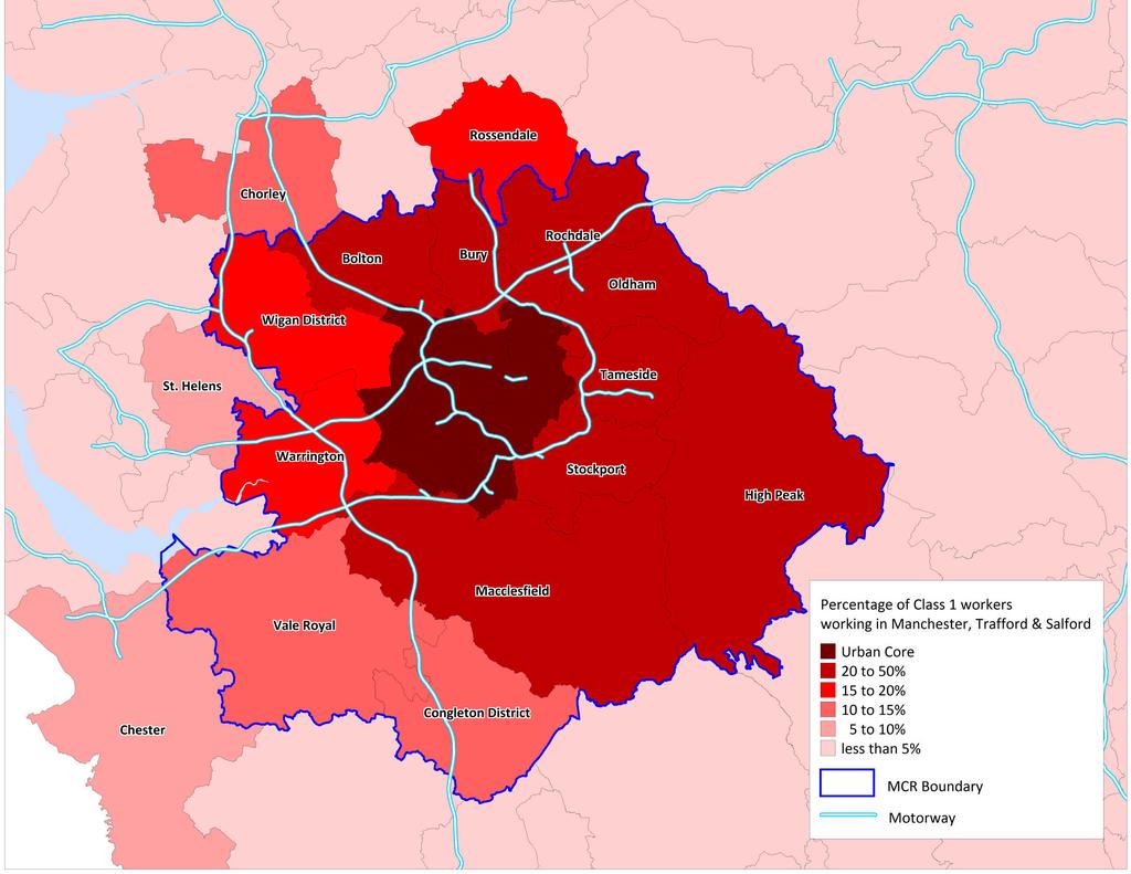 The Role of Rail Concentration of economic activity in the Regional Centre, matched with an expanding Journey to Work Area Manchester has the largest