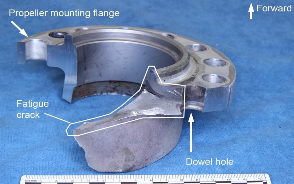 Figure 3: Propeller gearbox schematic highlighting the recovered section of the propeller shaft Source: GE Aviation, modified by ATSB The crack was found to be a fatigue fracture that had initiated