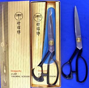 TAILORING SCISSORS - DRAGONFLY A-220 TAILORING SCISSORS 9 INCHES The bent handles make it easy to cut at the tabletop or other flat surface The high carbon steel edges are heat treated at precise