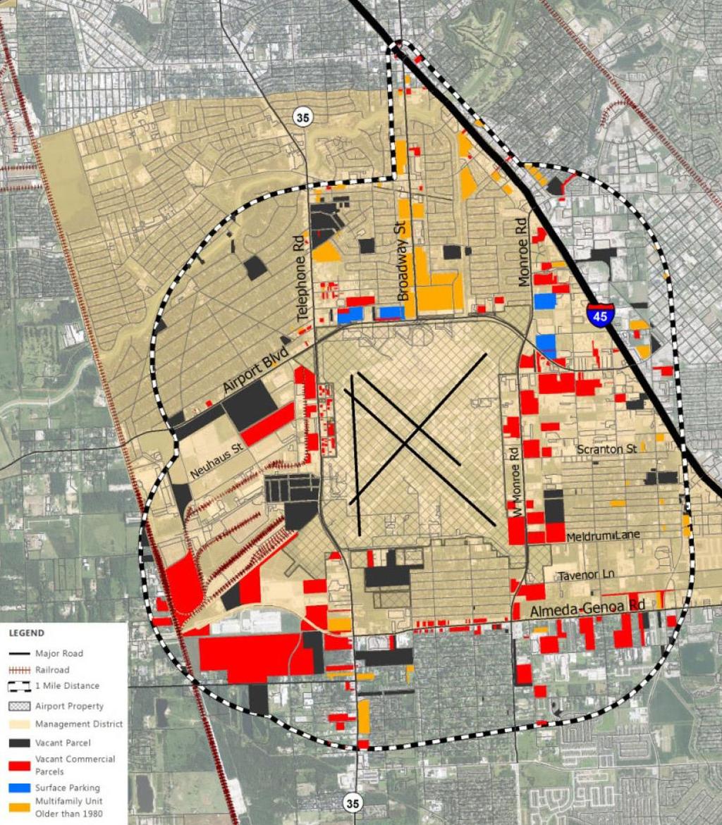 Exhibit 6-4 identifies current vacant tracts in red with no improvements, ready for development of hotels and/or retail centers in the AOI.