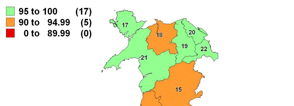 Figure 1. Percentage uptake of childhood immunisations in Wales, quarter 4 1990 to quarter 1 2009.