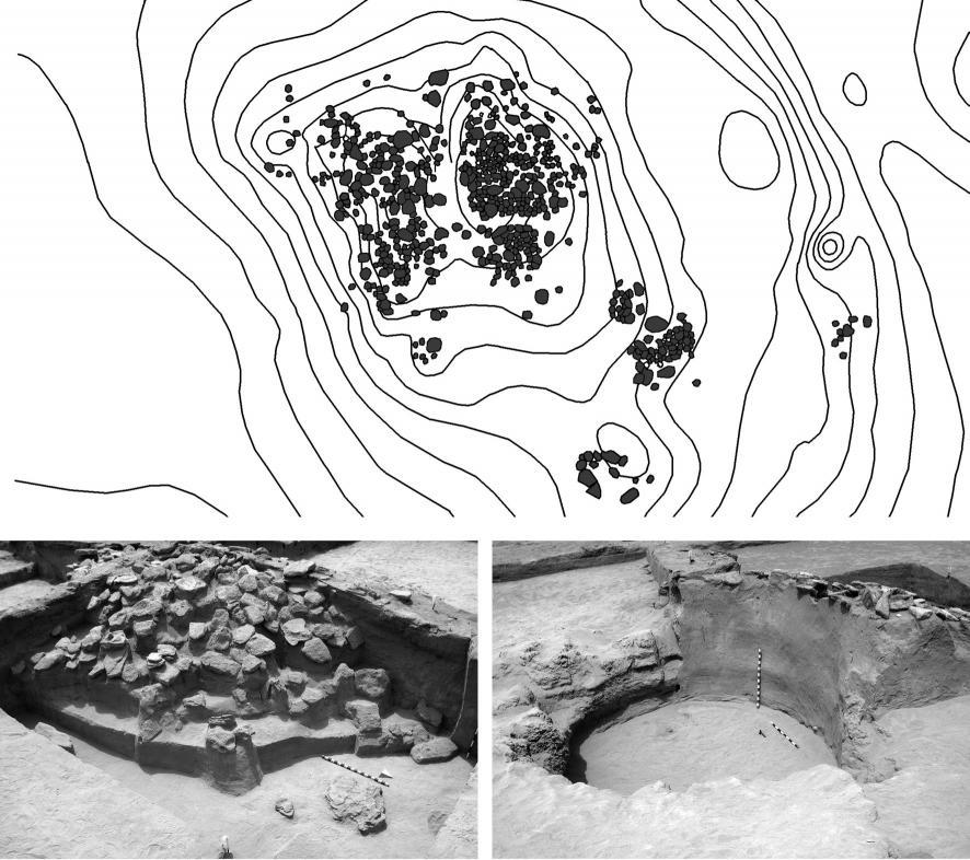 Kuwait-Georgian Archaeological Mission - Archaeological Investigations... 179 Fig. 2. Al Awazim, structure 1. plan; photos of revetment of the burial mound, and of burial pit beneath the sandy mound.