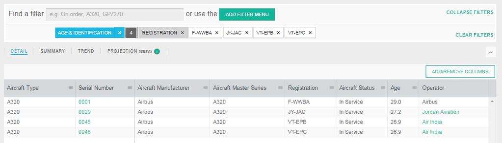 Example 7. Filtering multiple aircraft by Serial/Registration/Line/Aircraft ID In this example, we re going to use the Aircraft section and populate the results grid with a specific set of aircraft.