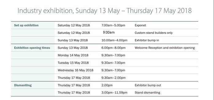 BUMP-IN SCHEDULE Please note: custom stands must be completed before the exhibitor move-in on Sunday 13 May 2018.