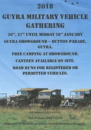 com Military Vehicle Muster - October Long Weekend Bowraville Racecourse CANCELLED Men & Machines - 14 October at Macarthur Anglican School, Cobbitty Road, Cobbitty 10am til 4pm. Further info www.