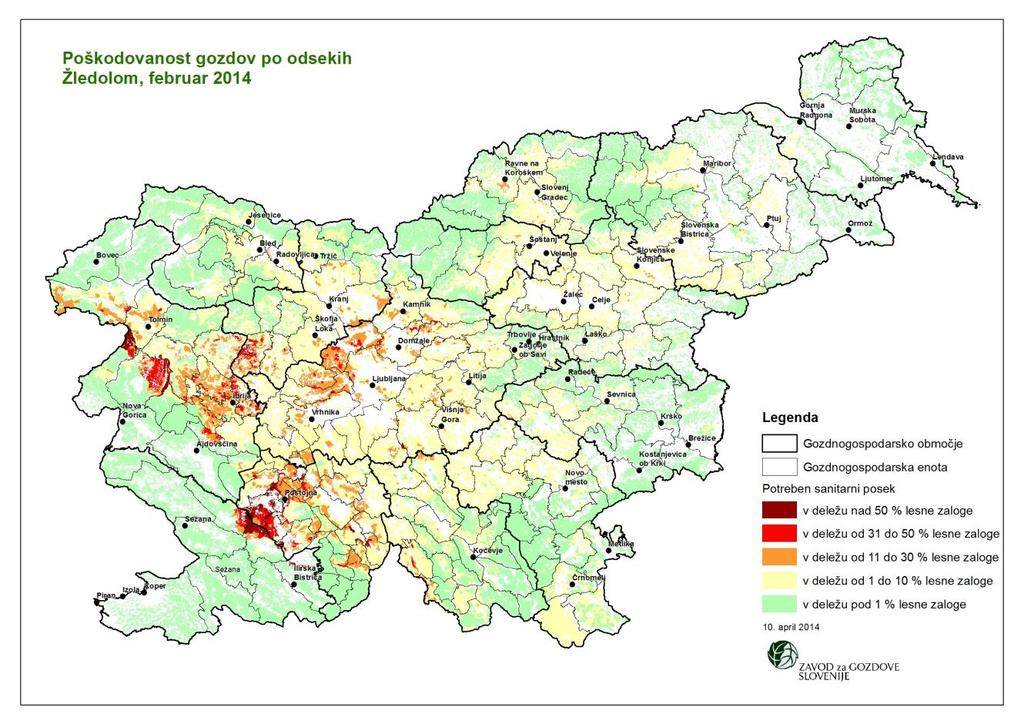 OCENA TVEGANJA ZARADI ŢLEDA 53/124 Uničene pa je bilo kar 9.386.776 m 3 lesne mase (Podatki in gradivo za končno poročilo 2014).