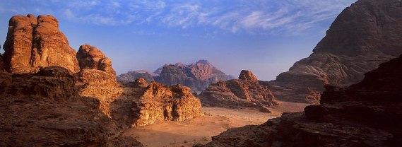Wadi Rum is a protected area covering 720 square kilometers of dramatic desert wilderness in the south of Jordan.