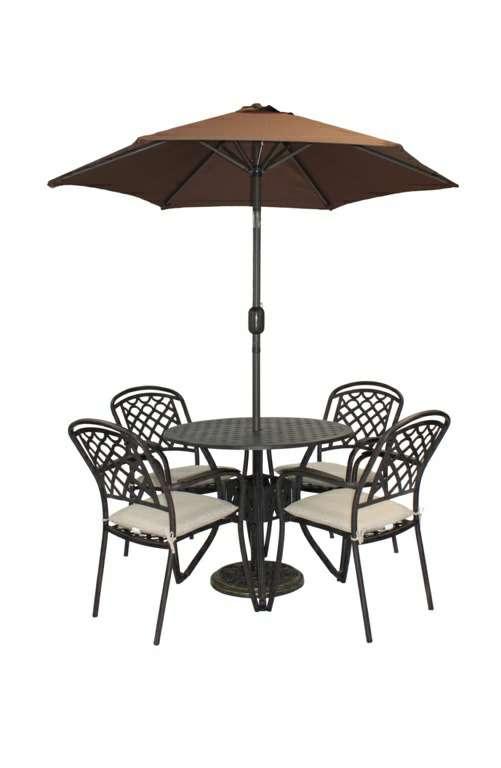 CAST ALUMINIUM 4 SEAT DINNING SET Features: 4 x Chairs, 499 1 x Round Table, 1 x 2M Parasol with Crank & Tilt Cast Aluminium Frame
