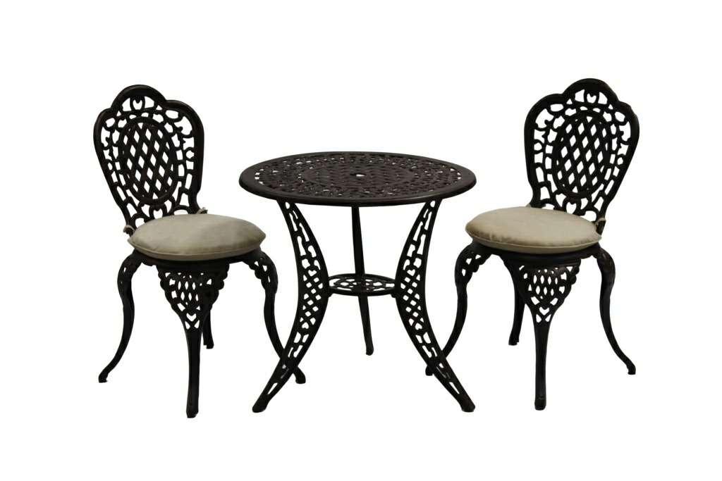 5cm Parasol Base sold separately CAST ALUMINIUM BISTRO SET WITH CUSHIONS 199 Features: 2 x Chairs 1 x Table Requires customer