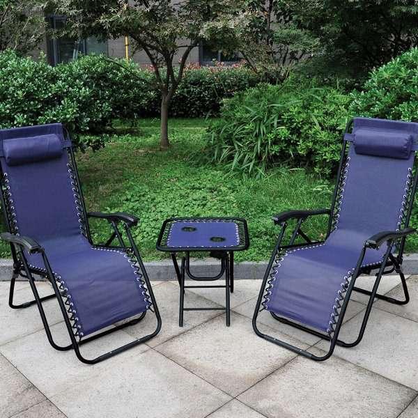 RECLINING CHAIR AND TABLE SET With powder coated steel frame and weather resistant textilene, this anti-gravity table and chair set fully reclines and can be locked at any angle.