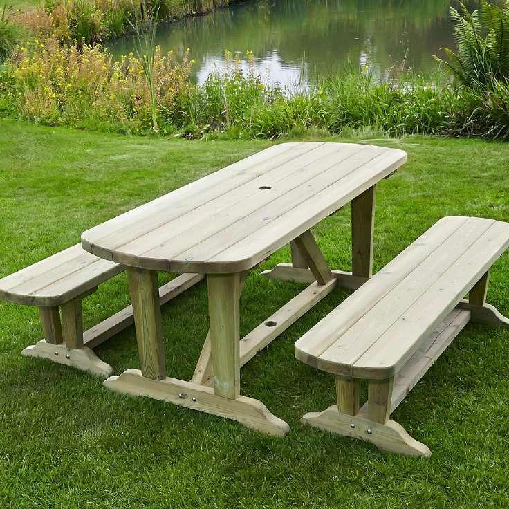 Table W: 1800mm x 710mm x 720mm Bench W: 1600mm x 355mm x 440mm Made in the UK Pressure Treated Self-Assembly DEVON ROUND PICNIC TABLE 369.