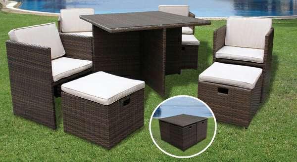 Features:All weather brown faux rattan Powder coated steel frame Table: H: 74 x W: 112 x D: 112, with 5 mm black tempered glass Chairs x 4: H: 74 x W: 53 x D: 53 Footrests x 4: H: 37 x W: 44 cm x D: