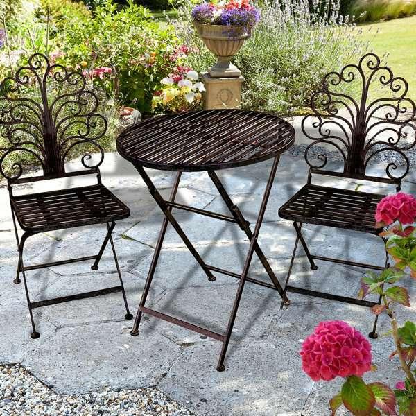 SQUARE ORNATE BISTRO SET BROWN Bistro Set - Square Seat Antique Brown Matt This decorative scroll pattern bistro set has been manufactured with an antique bronze powder coated steel frame, this