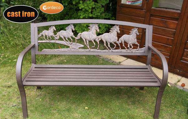 COUNTRY BENCH CAST IRON Features: 100% cast iron bench, High definition ductile cast iron country scene motive showing horses and tree.