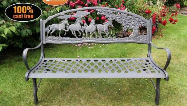 99 HORSE BENCH CAST IRON Features: Steel cast iron bench, High definition ductile cast iron horse scene motive showing horses and galloping.