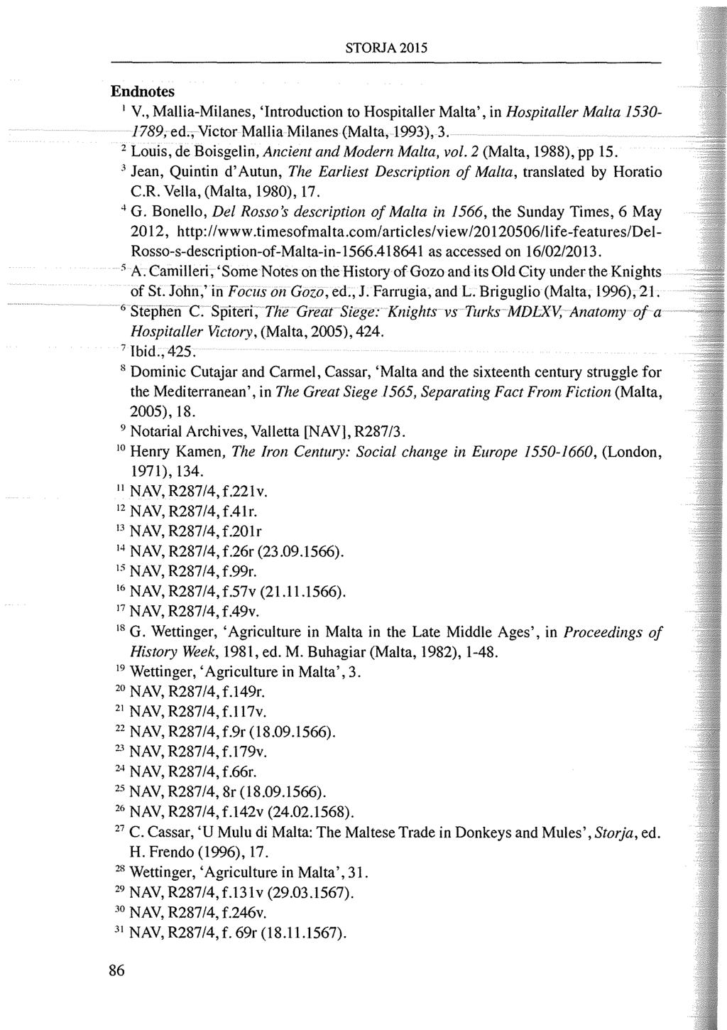 STORJA2015 Endnotes I v., Mallia-Milanes, 'Introduction to Hospitaller Malta', in Hospital/er Malta 1530-1789; ed.; Victor Mallia Milanes (Malta, 1993),3.
