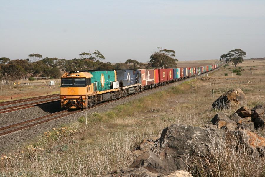 This train runs between Adelaide and Brisbane, and had to reverse and change locomotives at Tottenham until the triangle between the Northern and Western