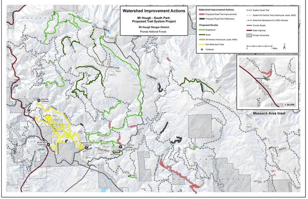 Figure 2. Routes proposed for improvement or obliteration to mitigate impacts of the MHSP Trails Project.