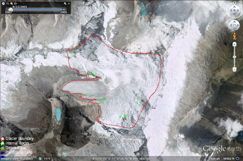 Figure 12: Extent of Artesón Glacier c. 2003. The glacier outline is taken from Global Land Ice Measurements from Space (GLIMS) database. 2 Rough estimates of the lake evolution by Prof.