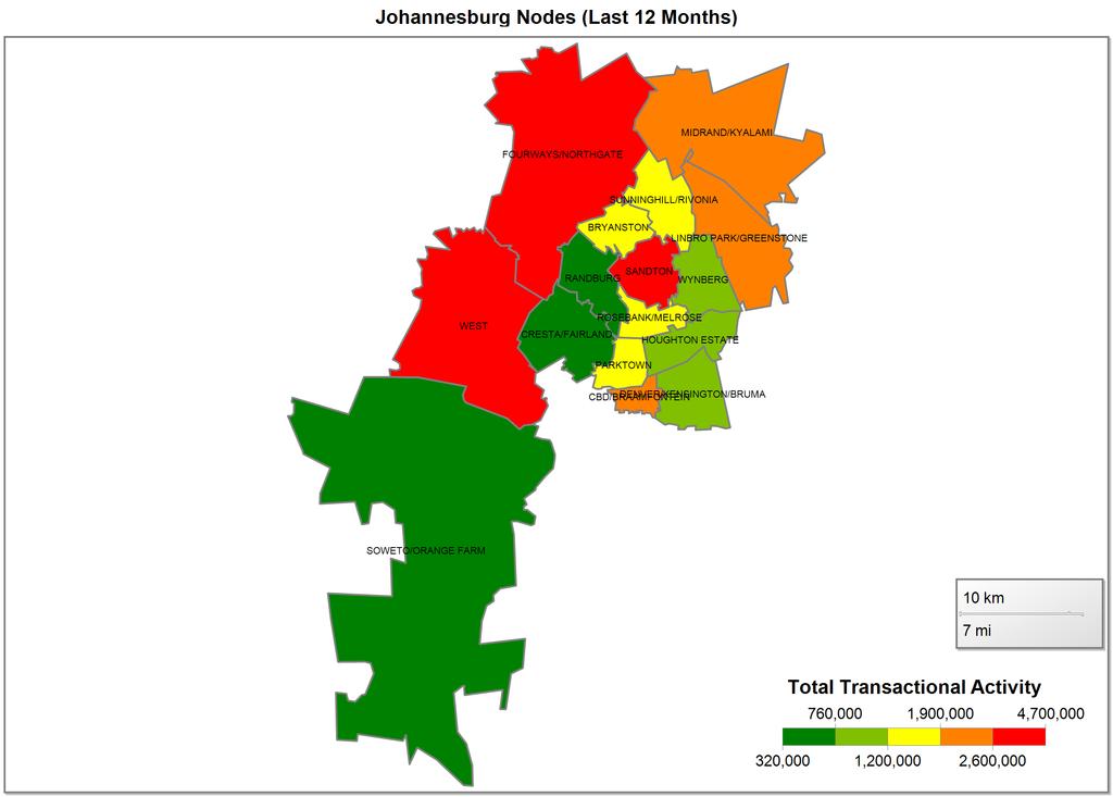 2.1.2 City of Johannesburg The transactional activity (R Million) is as follows: Node 2012 2013 2014 October 2014 JOHANNESBURG - SANDTON 1,671 10.9% 2,757 13.6% 4,096 14.8% 335 12.