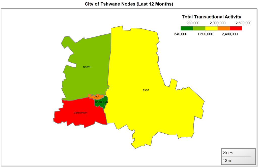 2.1.3 City of Tshwane The transactional activity (R Million) is as follows: Node 2012 2013 2014 October 2014 PRETORIA - CENTURION 2,212 27.0% 3,037 23.5% 1,933 32.1% 52 30.3% PRETORIA - EAST 3,709 45.