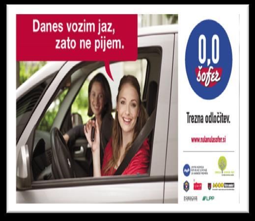 Hvala, ker voziš zmerno! Voznike želijo opozoriti predvsem na vožnjo v naseljih, kjer se pogosteje pojavljajo ranljivejši udeleženci v prometu (pešci, kolesarji, otroci, starejši). Alkohol!
