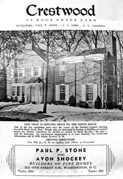 Paul Stone s brochure in the winter of 1940 featured the home at 1905 Upshur Street and promoted Crestwood as a wooded Country in the downtown residential district, only ten minutes from the White