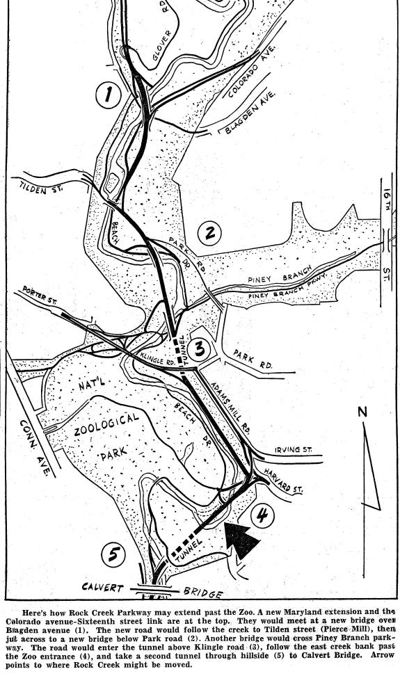 A 1952 plan to extend Rock Creek Parkway would have brought a high-speed road up the creek past Crestwood with an exit at Colorado Avenue.