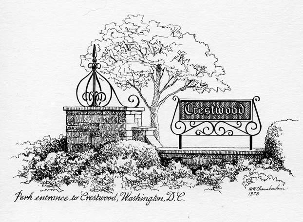 In 1973, neighbor W.R. Chamberlain made a fi ne drawing of one of the Crestwood signs at the foot of Mathewson Drive.