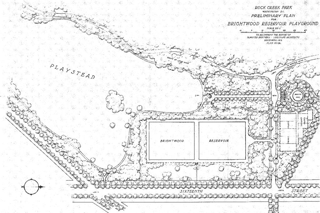 The design for the Brightwood Reservoir (above) included steps down the sides of each basin to the bottom, which allowed the reservoir to be used as an ice skating rink after it was no longer needed