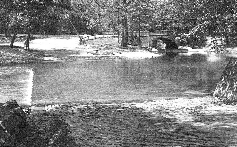 View from the foot of Blagden Avenue in 1945. Until the mid-1950s, travelers splashed across Rock Creek using a ford (weather permitting).