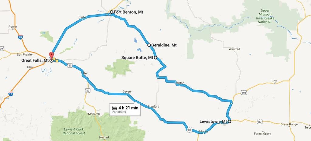 CM RUSSELL DRIVE 248 miles [400km] 4 hours, 30 minutes Take US 87 north of Great Falls to historic Fort Benton.